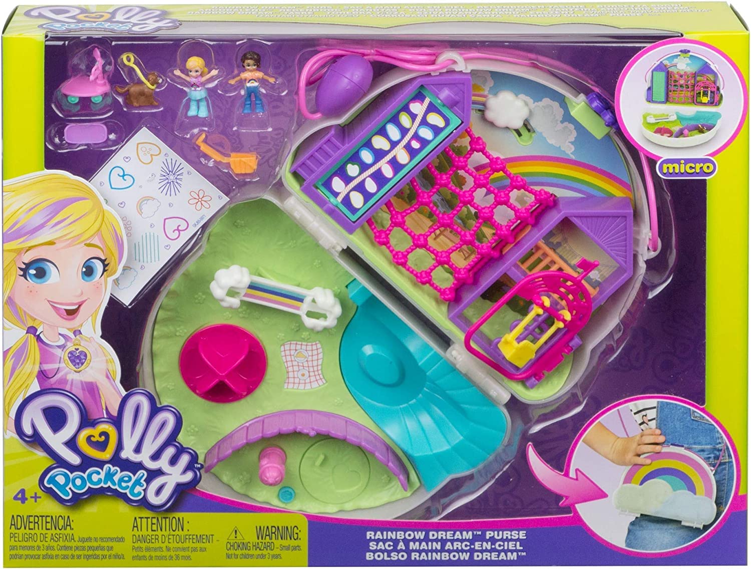 Polly Pocket Rainbow Dream strap converts into a wearable fanny pack for easy carry.