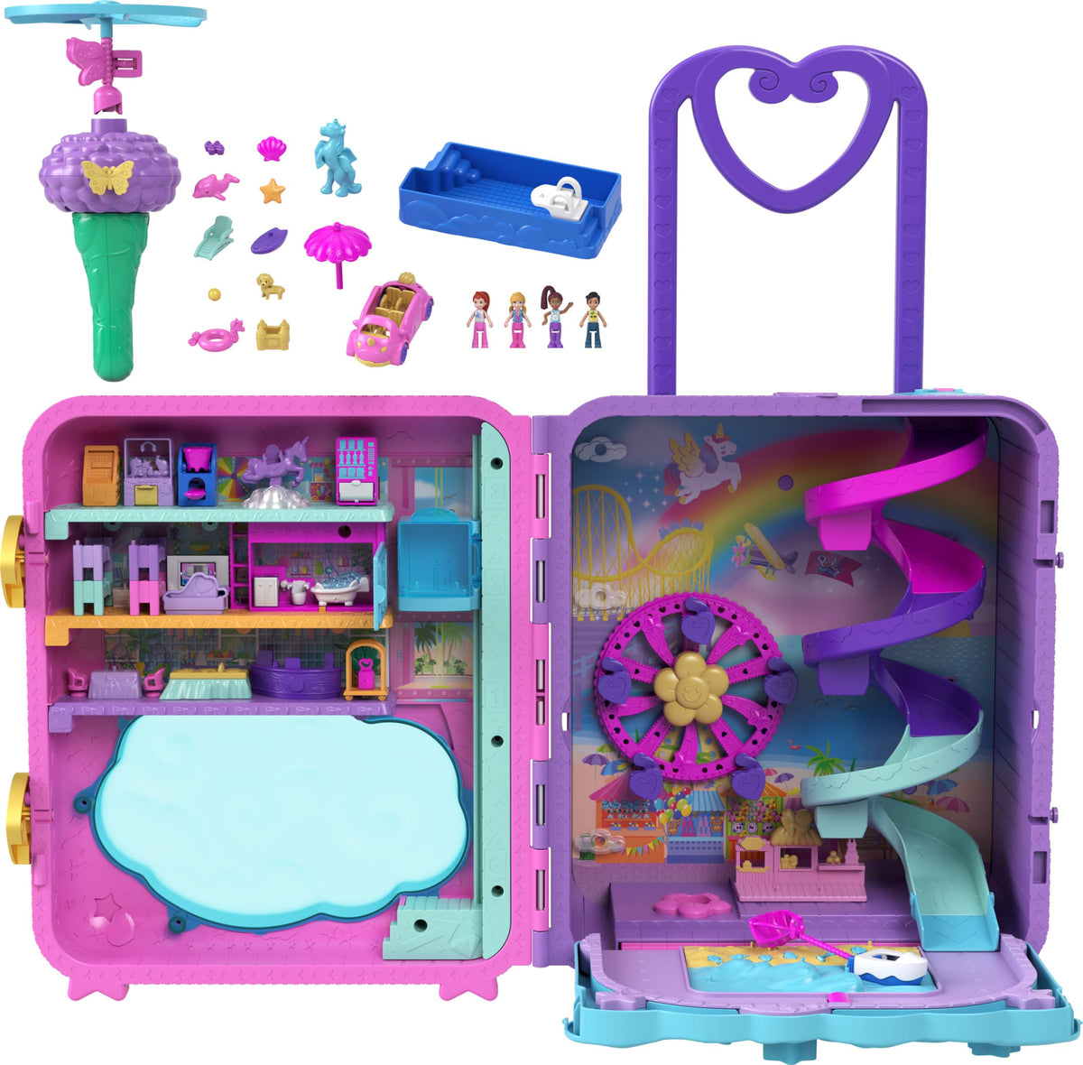 Polly Pocket Resort Roll Away with dolls and vehicle in a travel-friendly case.