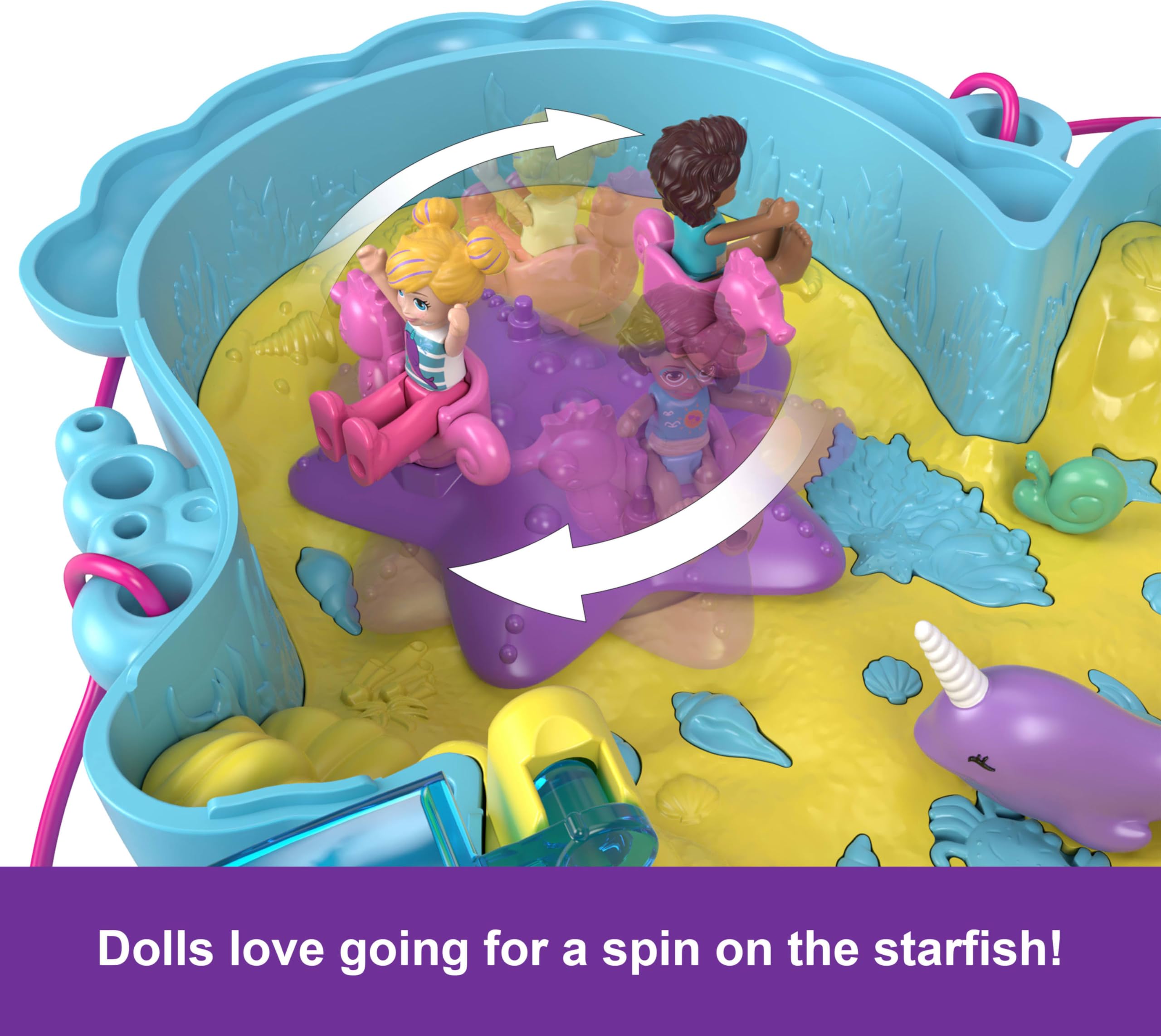 Polly Pocket secret beach cave reveals treasure during sea-themed exploration.