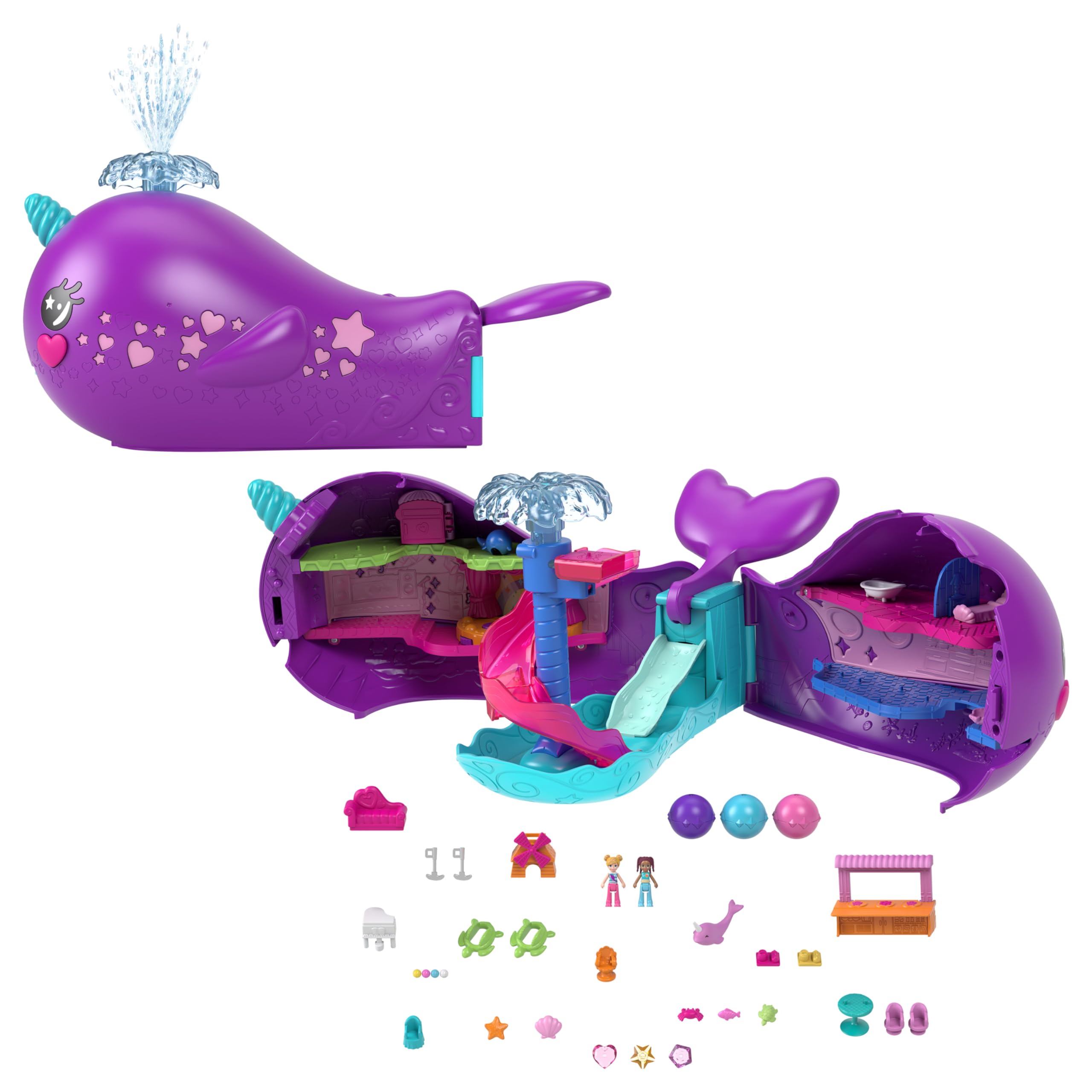 Polly Pocket Sparkle Cove Narwhal Boat open with dolls for imaginative ocean play