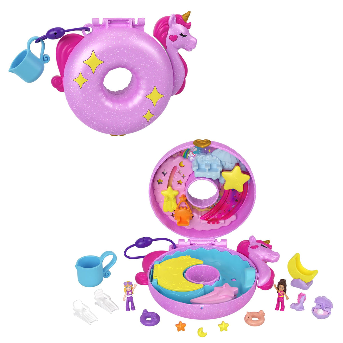 Polly Pocket Sparkle Cove Unicorn Floatie Compact opened for on-the-go play.