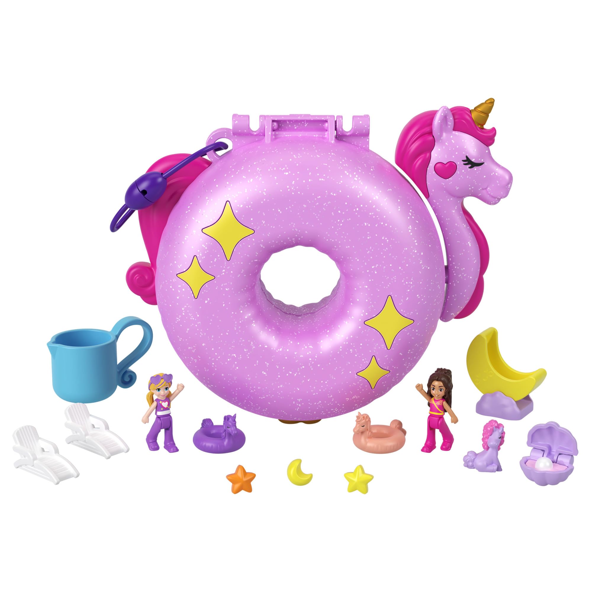 Polly Pocket Sparkle Cove wearable strap makes the set easy to carry.