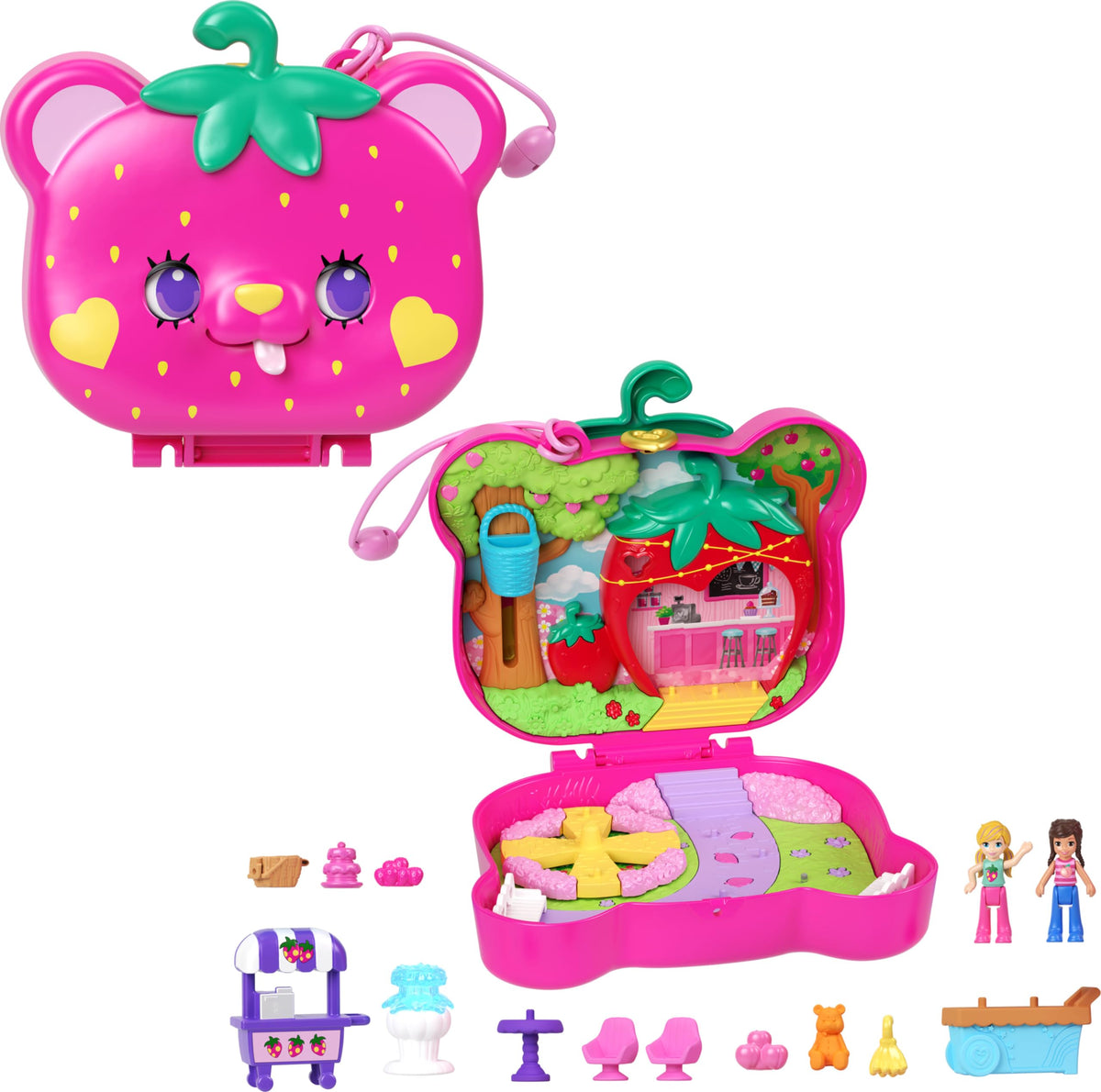 Polly Pocket Straw-Beary Patch compact exterior with moving eyes for portable garden play.