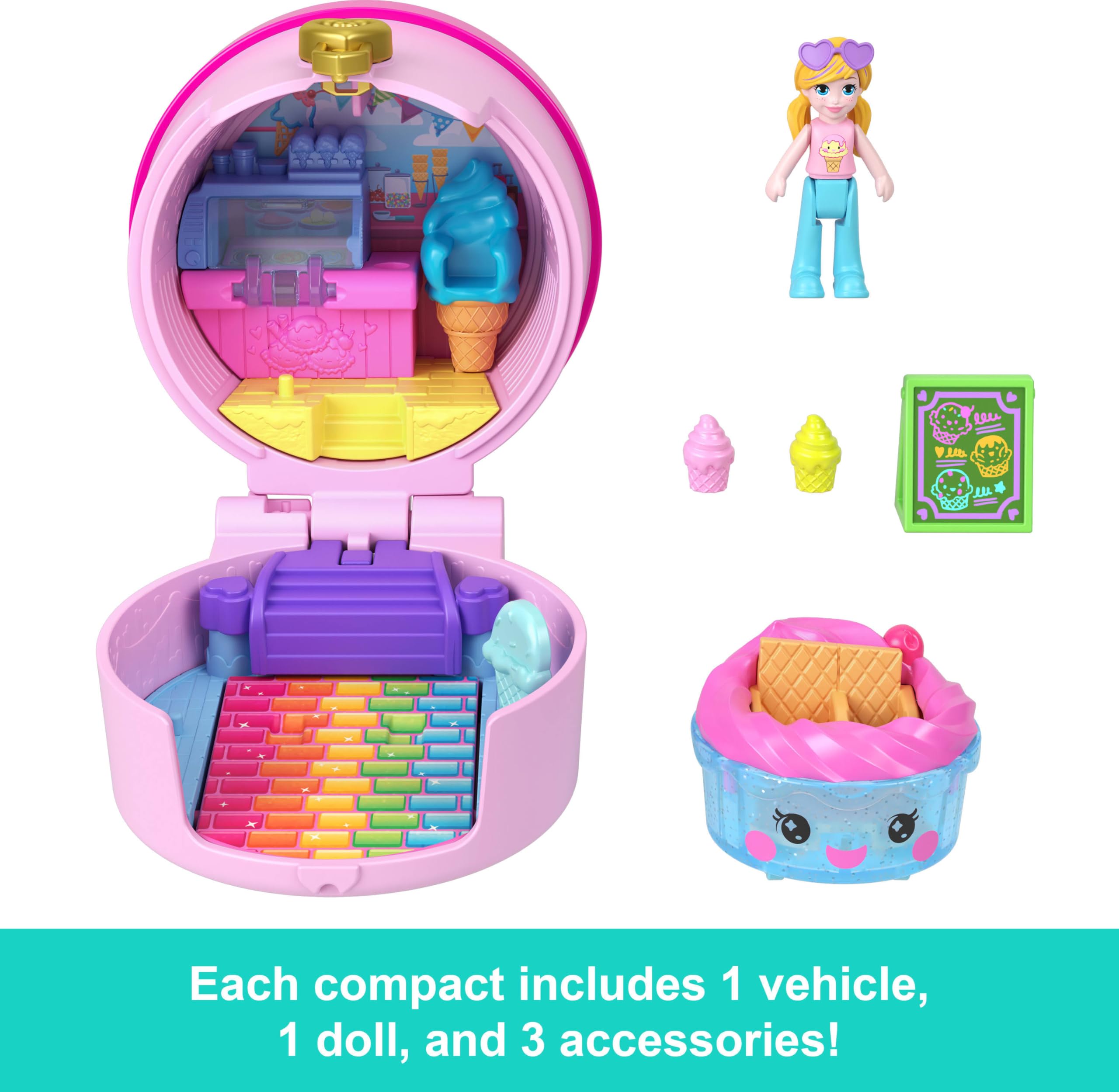 Polly Pocket Tiny Take Out Reveal micro-doll sits at the wheel for pretend journeys.
