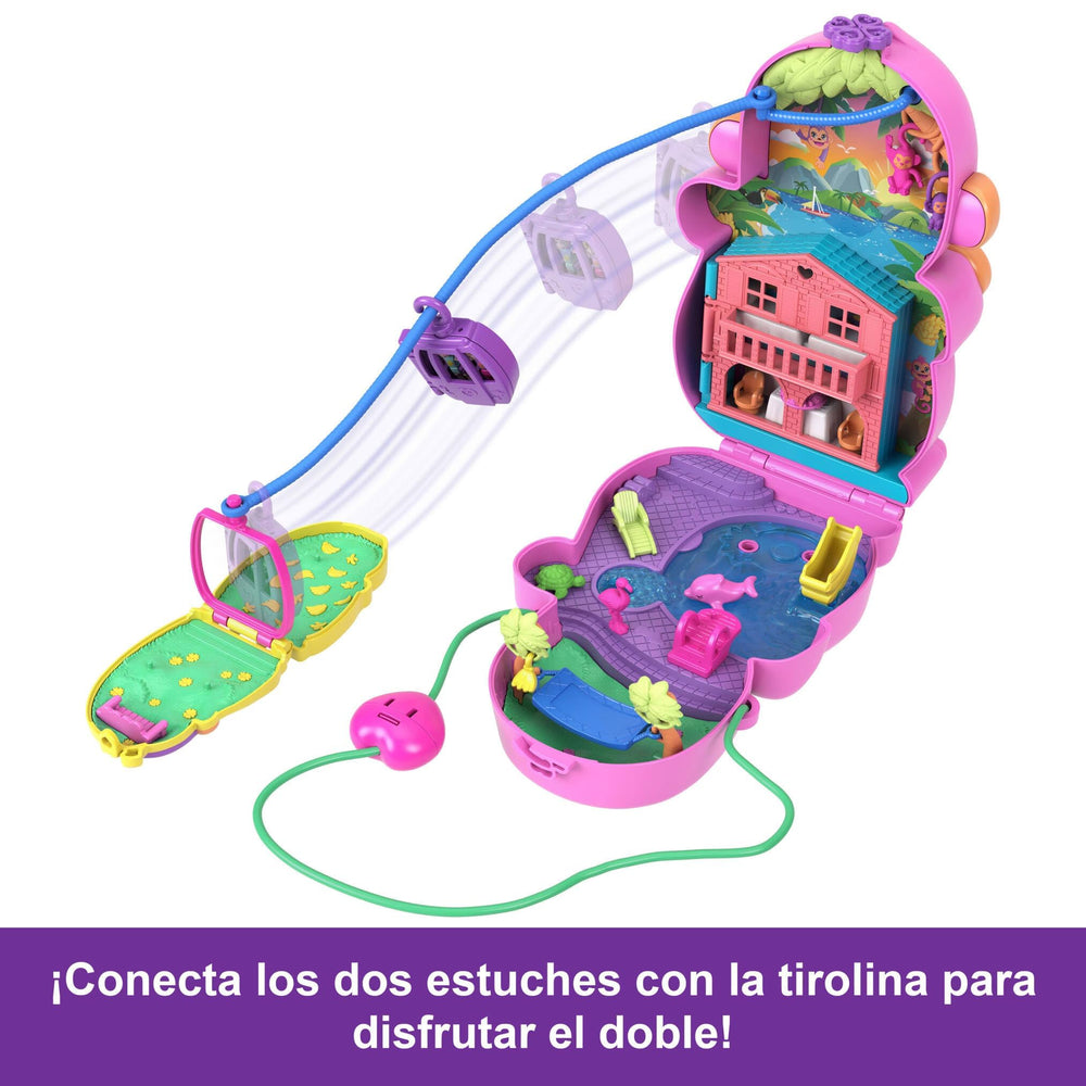 Polly Pocket zipline tram linking compacts for quick jungle adventures.