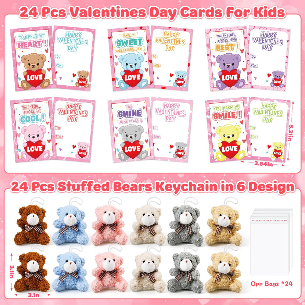 Polokping Valentines cards with heart boxes paired with plush bears for prizes and exchanges.