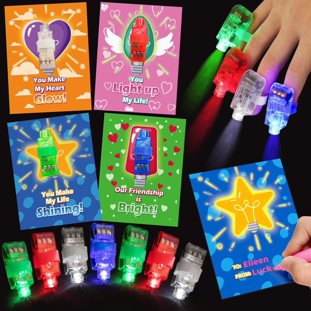Polokping valentines finger lights glow on a kid’s finger for classroom fun.