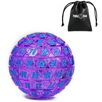 Poludie 100-sides D100 die in transparent purple with blue numbers for easy reading