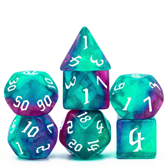 Poludie Rose Blue Glitter Dice Set front view enhances RPG table aesthetics and immersion.