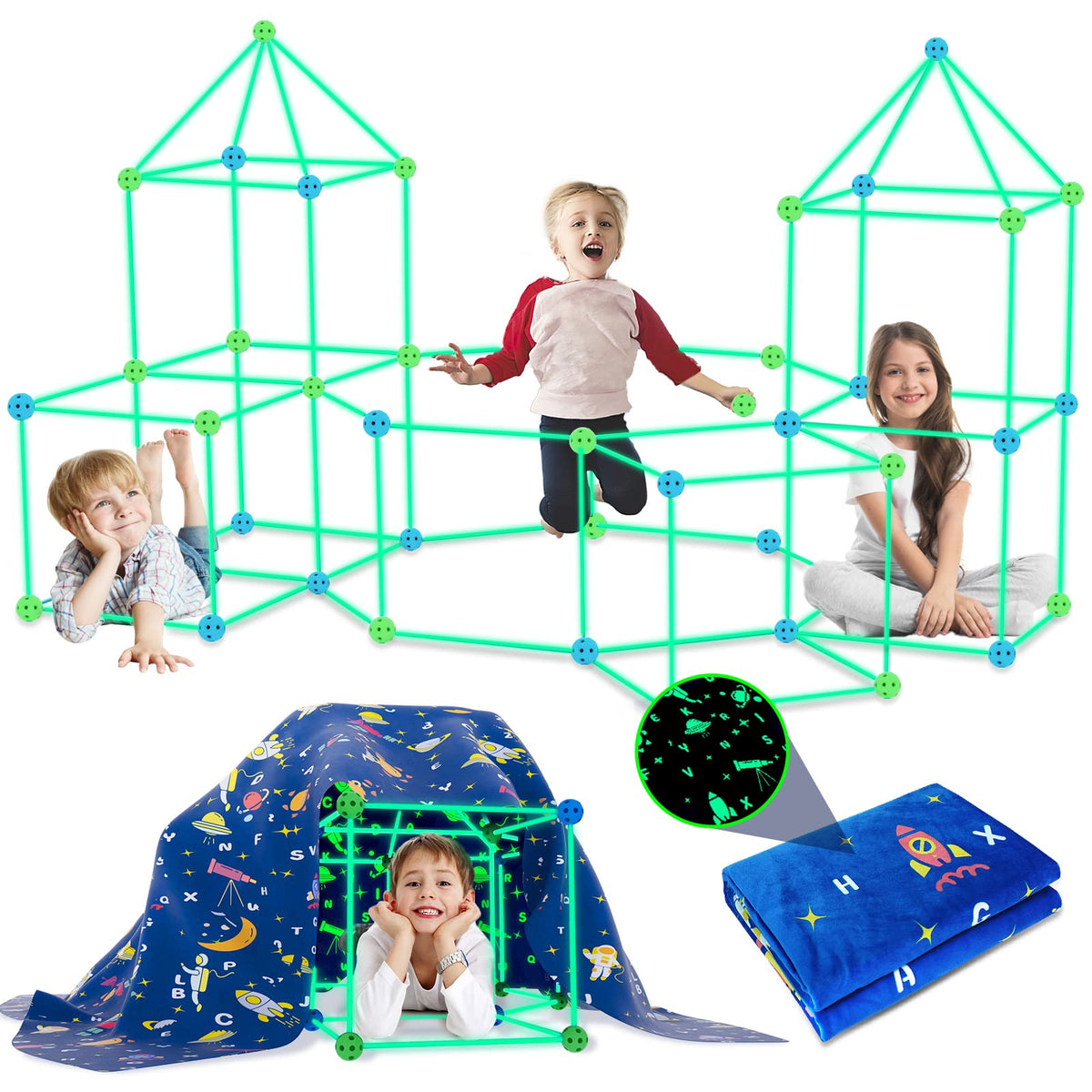 Pomasy 160pcs fort kit with glow sticks lights up a kid-friendly fort.