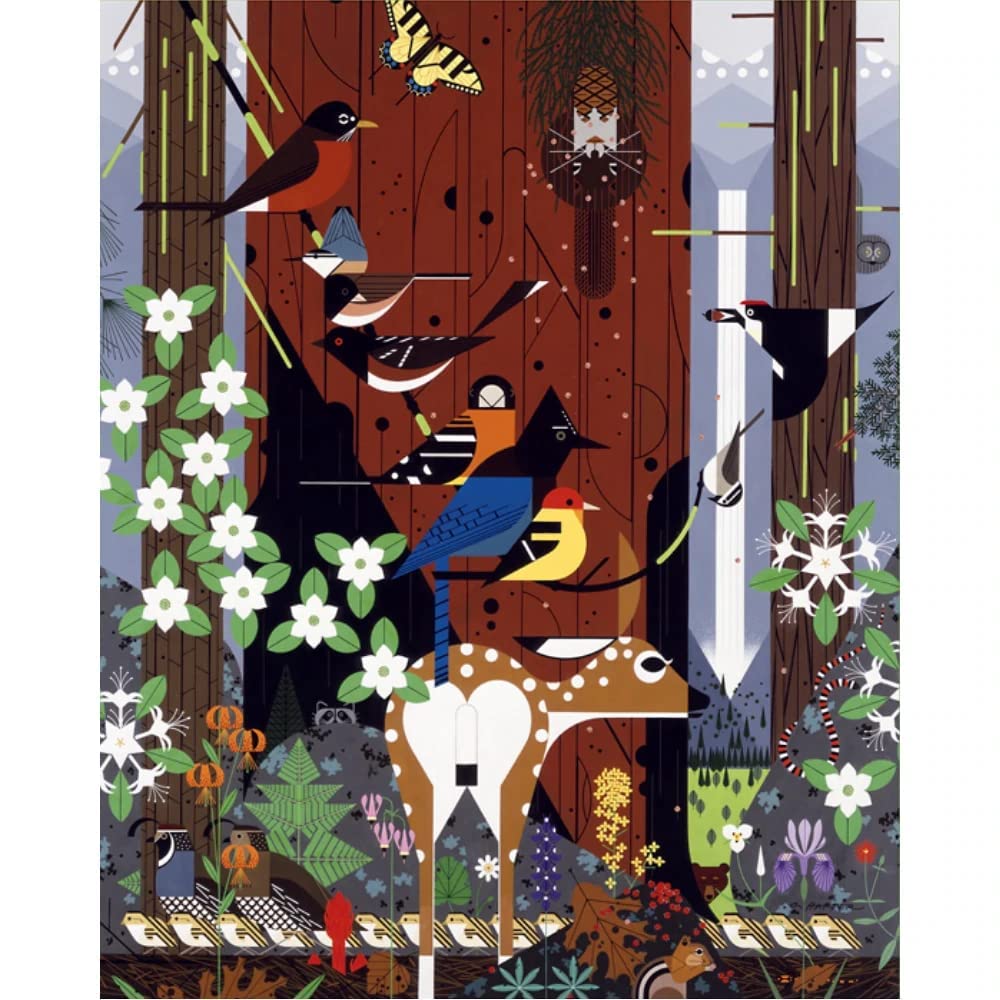 Pomegranate Charley Harper Sierra Range art detail highlights vivid colors for focused, immersive assembly.