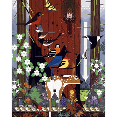 Pomegranate Charley Harper Sierra Range art detail highlights vivid colors for focused, immersive assembly.