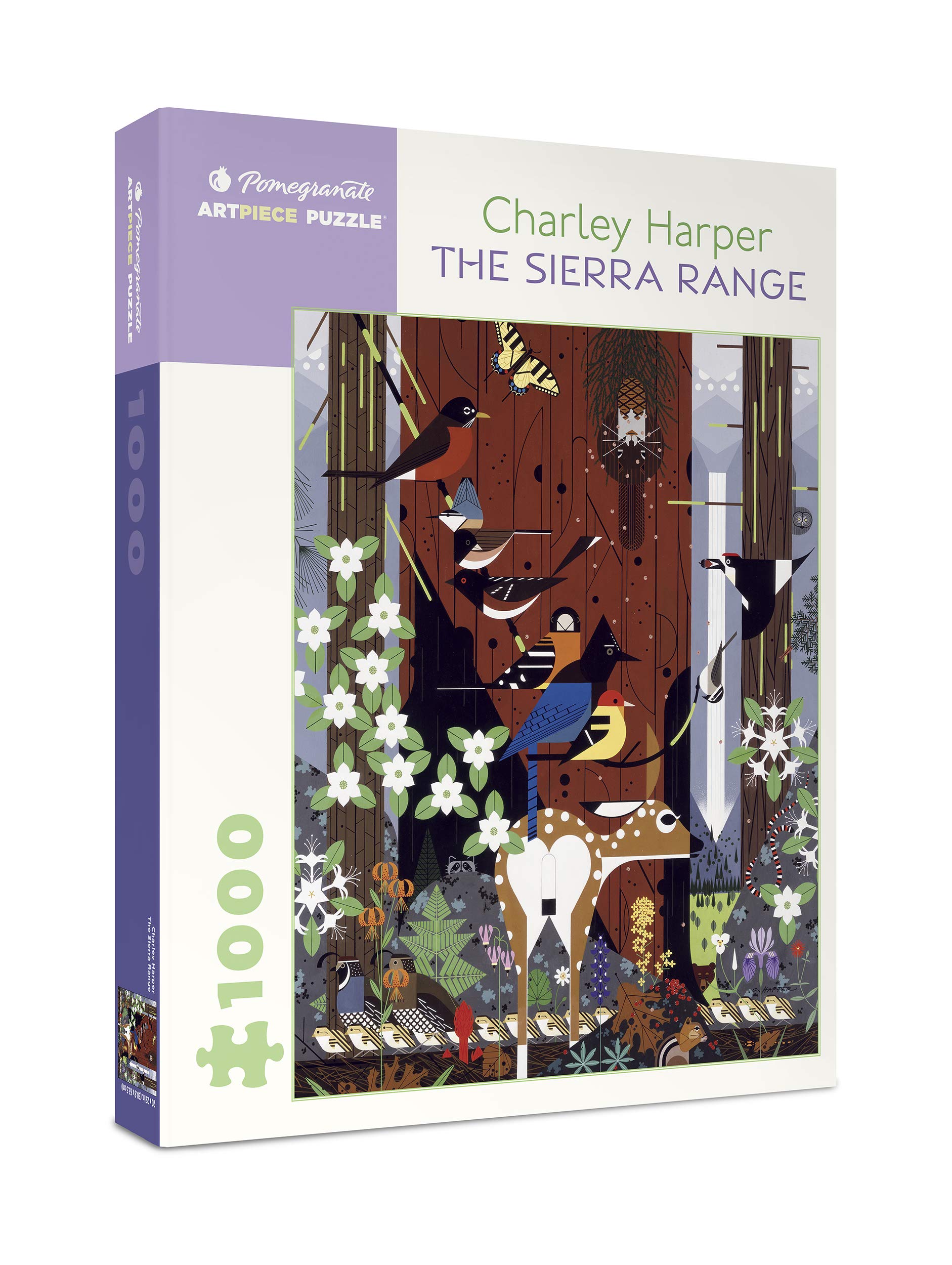 Pomegranate Charley Harper Sierra Range puzzle cover showcases iconic art for relaxing family puzzling sessions.