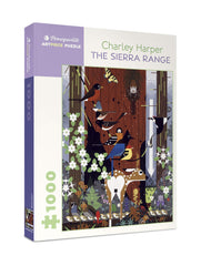 Pomegranate Charley Harper Sierra Range puzzle cover showcases iconic art for relaxing family puzzling sessions.