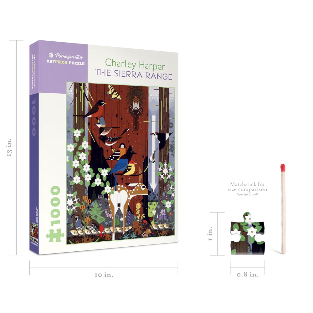 Pomegranate Charley Harper Sierra Range finished 20x25 puzzle display demonstrates a satisfying, display-worthy result.