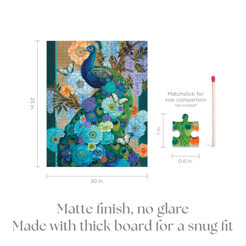 Pomegranate puzzle insert featuring David Galchutt’s Floral Peacock artwork.
