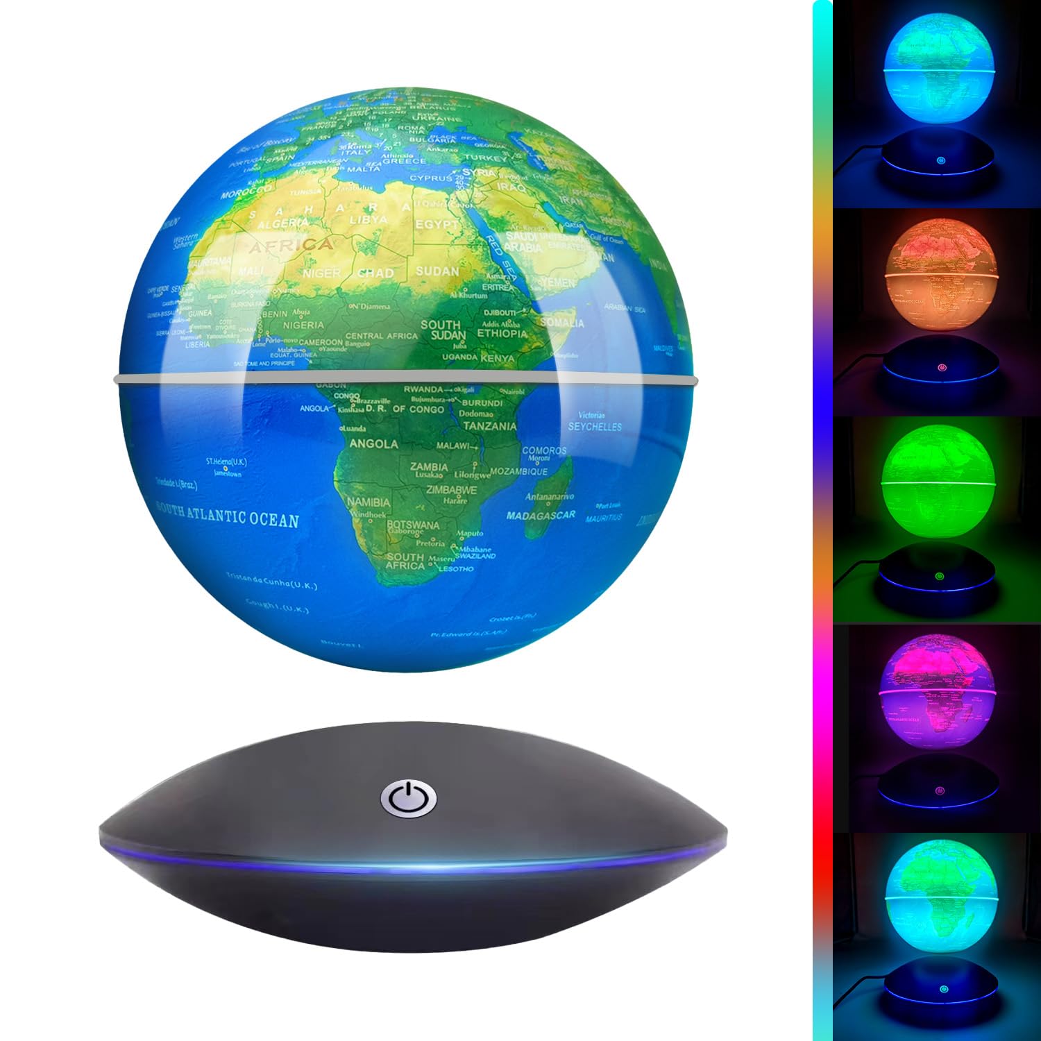Poojaed floating globe with LED 16 colors hovering above its base for eye-catching desk decor.