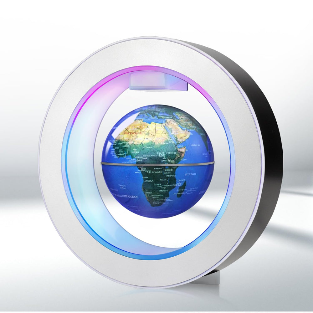 Poojaed floating globe levitation frame hovers mid-air, a striking 4-inch desk decor centerpiece.