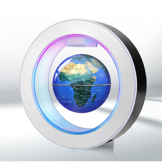 Poojaed floating globe levitation frame hovers mid-air, a striking 4-inch desk decor centerpiece.