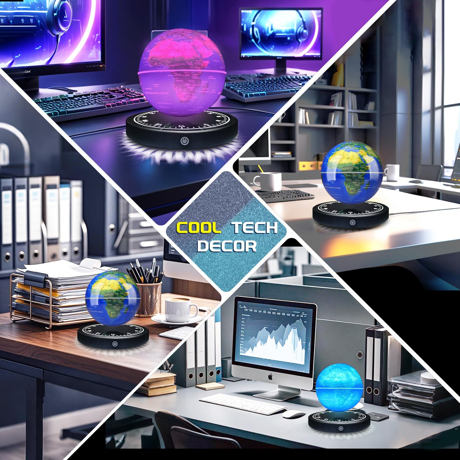 Poojaed floating globe on office desk adds ambient light.