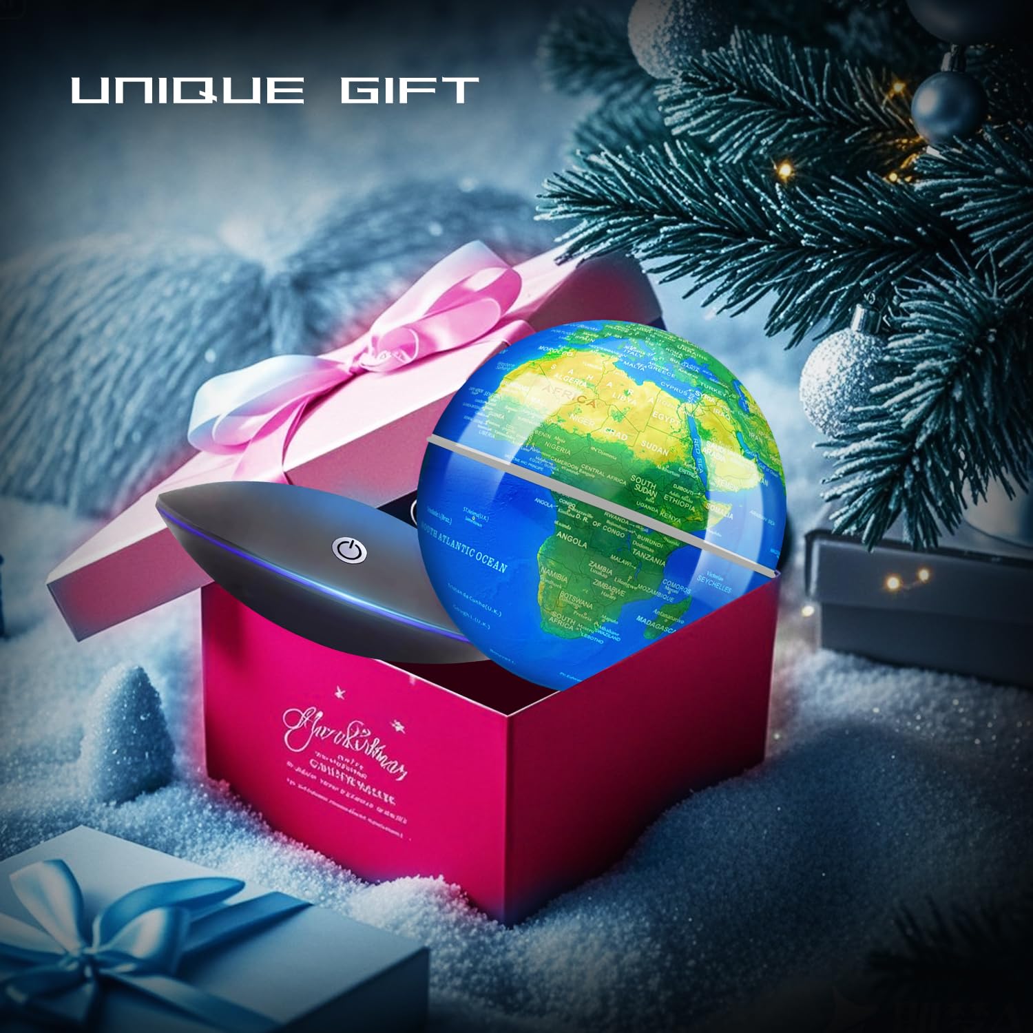Poojaed LED night-light globe provides soft illumination for evenings.
