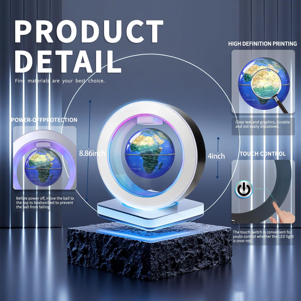 Poojaed levitating 4-inch globe with base shown for classroom or workspace display.