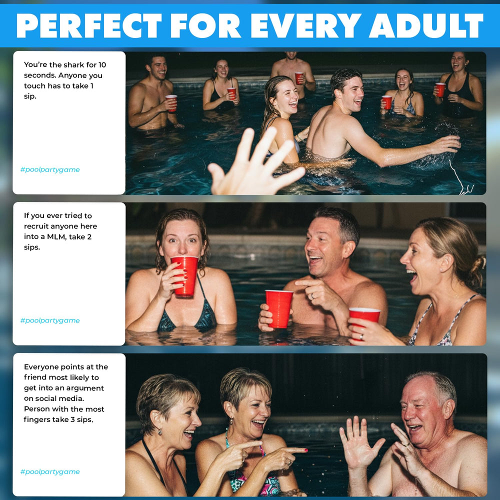 Close-up of Pool Party cards with dares and questions for adults.