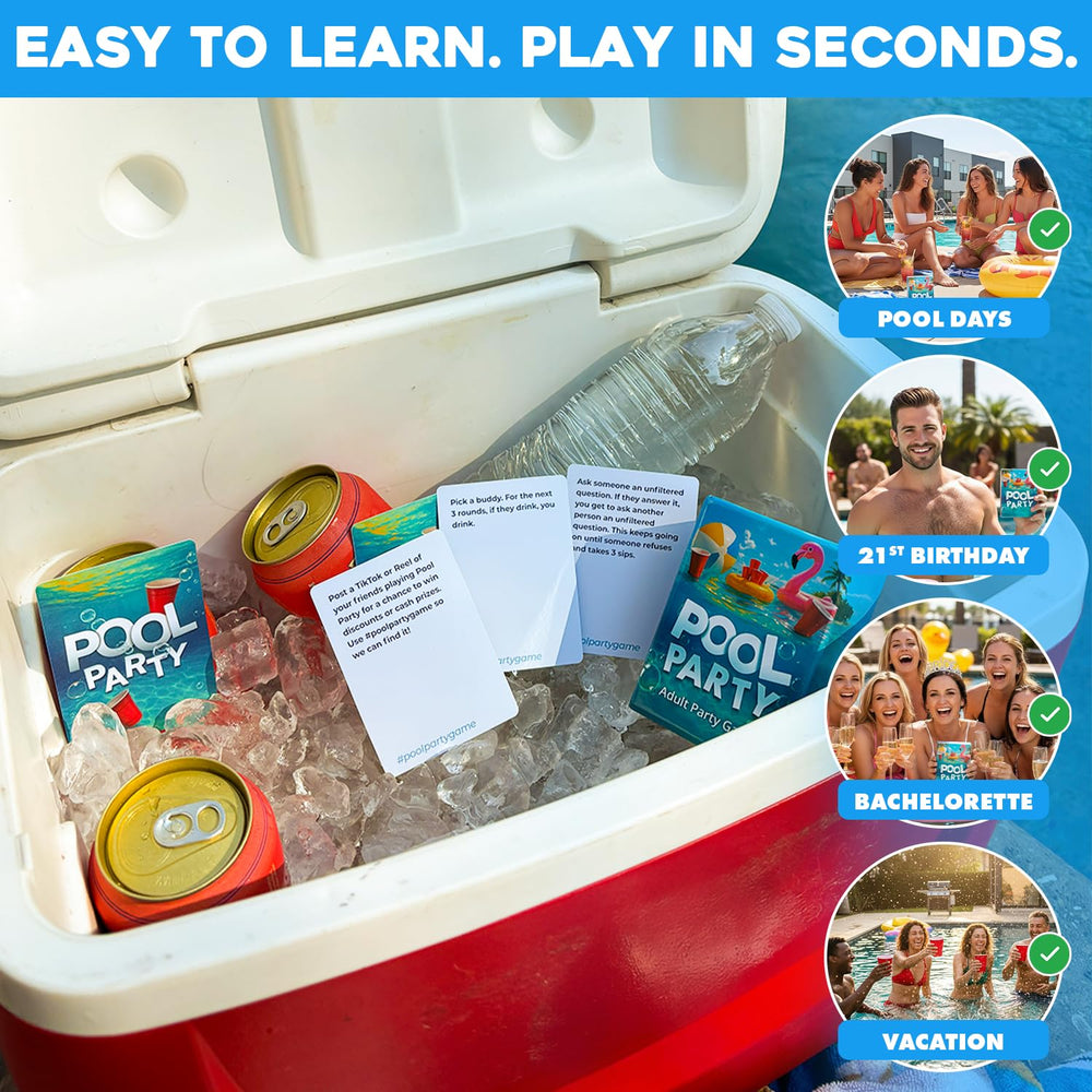Durable plastic cards from Pool Party withstand splashes and outdoor use.