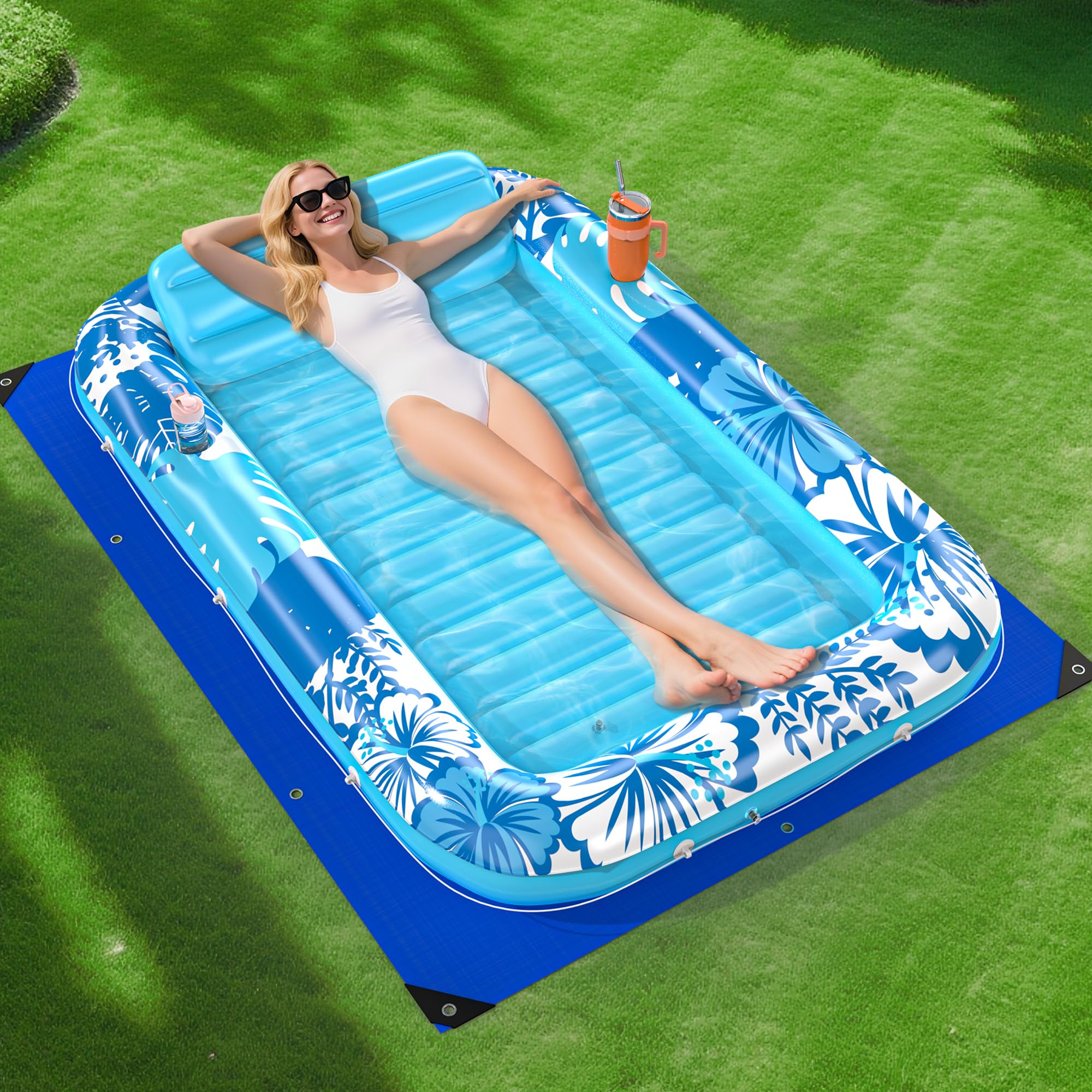 POOLACC inflatable tanning lounger blue with puncture defense for pool lounging