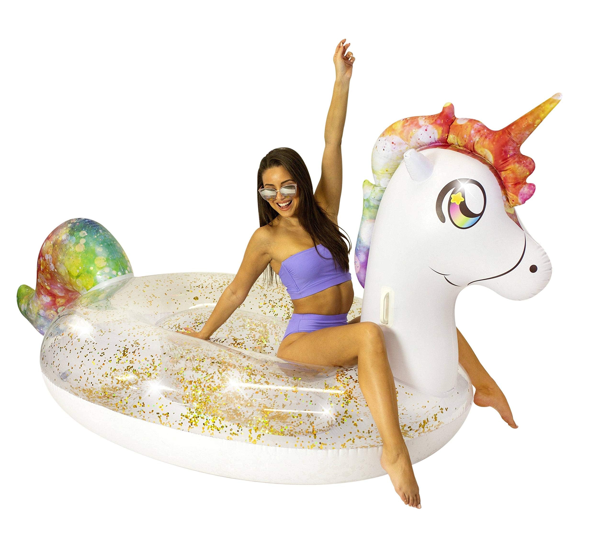 PoolCandy Gigantic Unicorn raft floating in a sunny pool, spacious for two to three people.