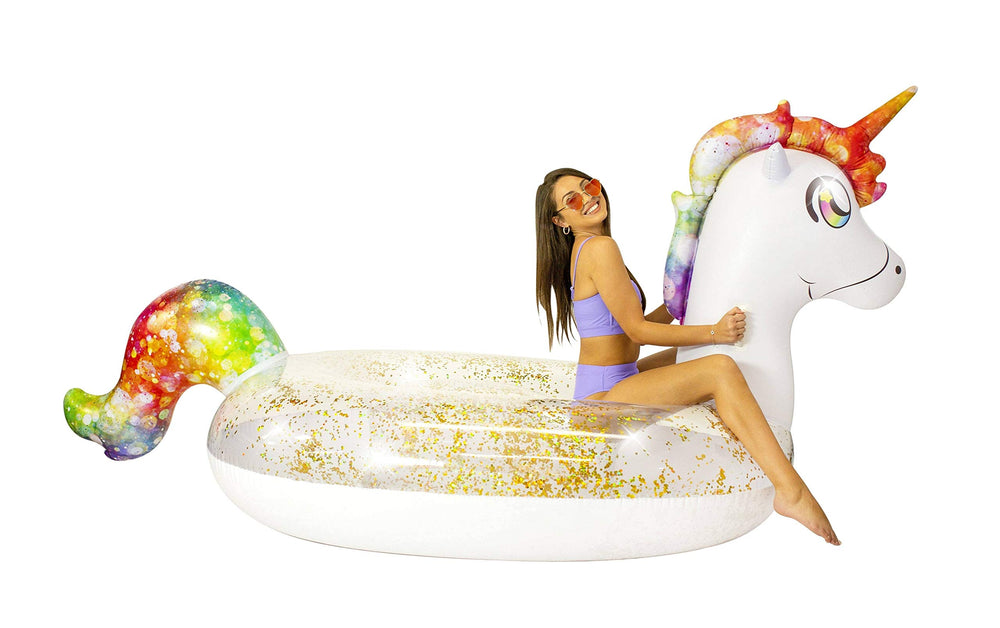 Deflated PoolCandy Gigantic Unicorn raft stored in a bag.
