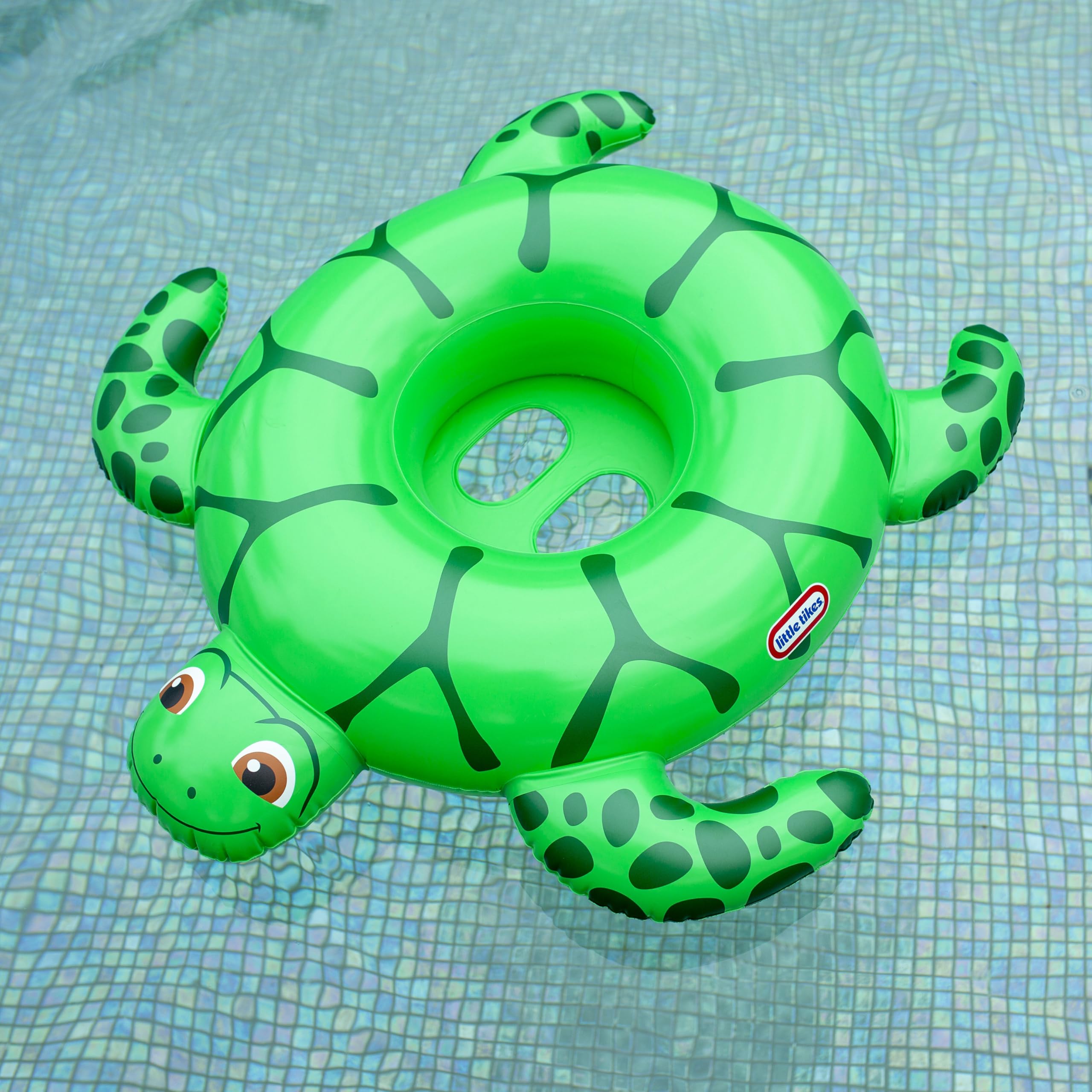 Poolcandy Little Tikes Timmy Turtle float in water demonstrates family-friendly summer fun under supervision