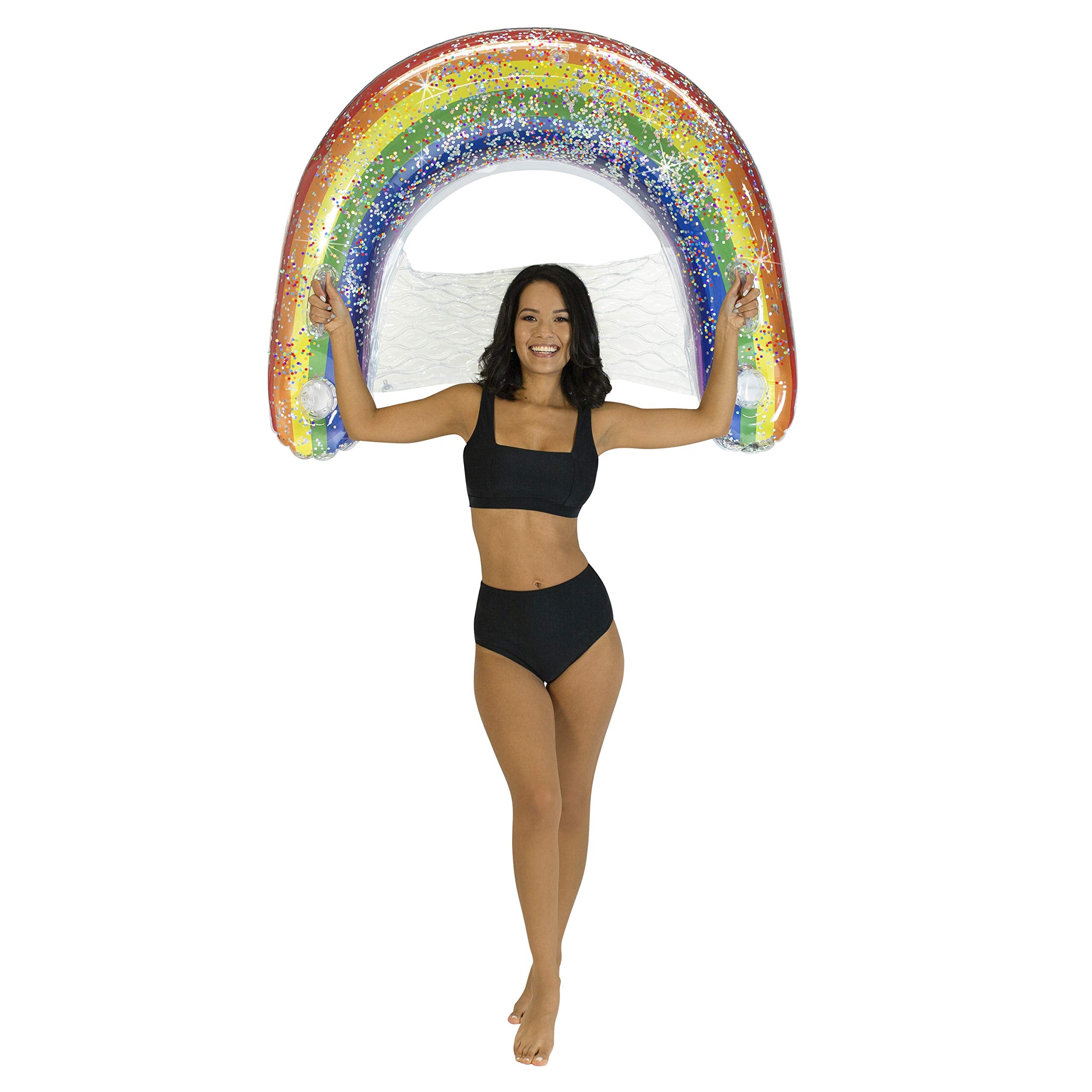 PoolCandy Sun Chair Water Raft Rainbow Haze floats with a built-in drink holder for easy refreshment