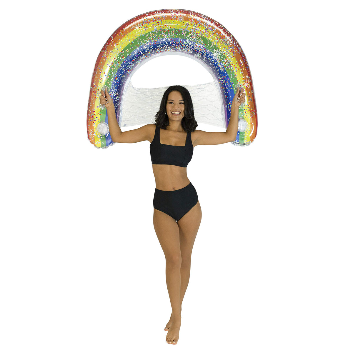 PoolCandy Sun Chair Water Raft Rainbow Haze floats with a built-in drink holder for easy refreshment