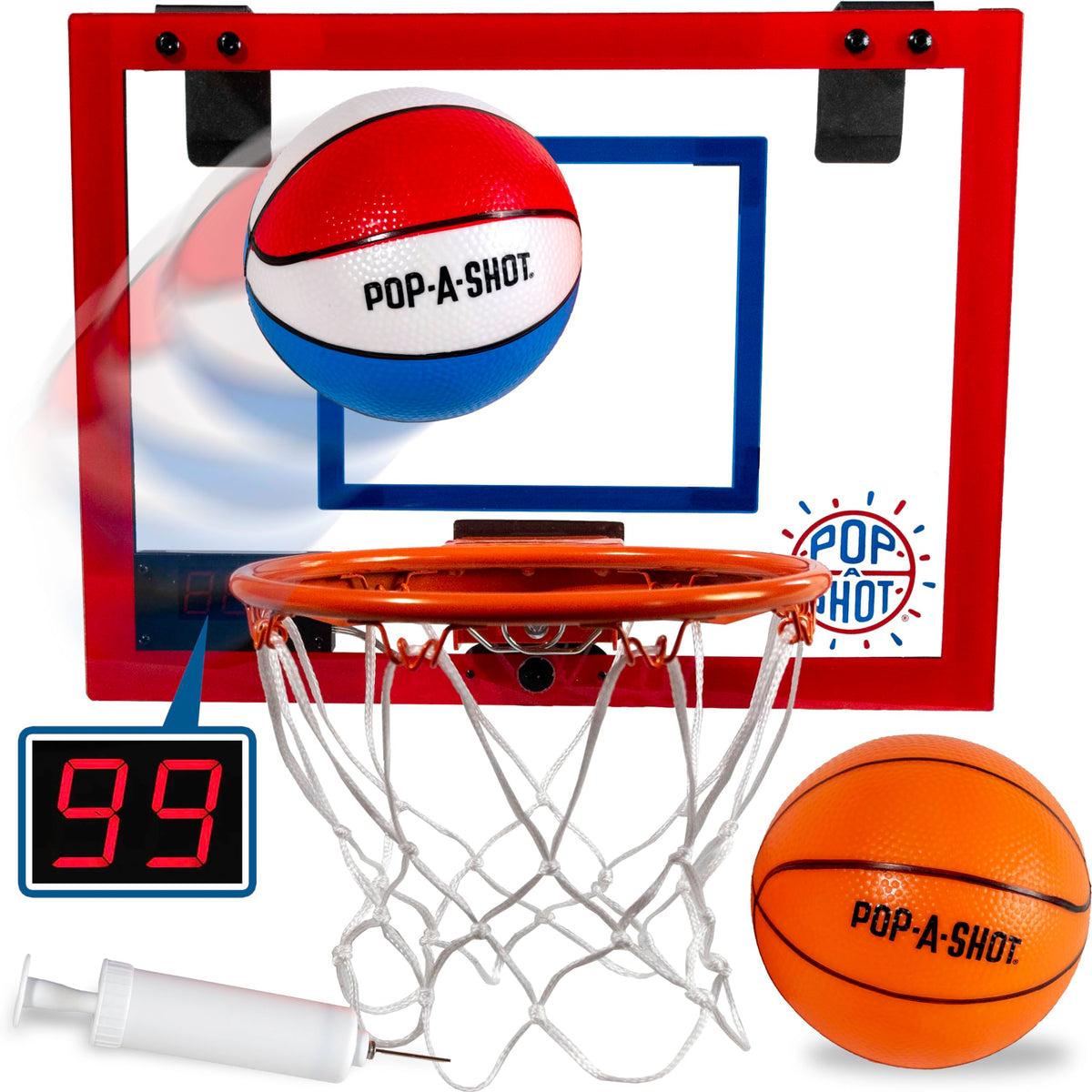 Pop-A-Shot Super Slam over-the-door hoop assembly with easy install for quick play.
