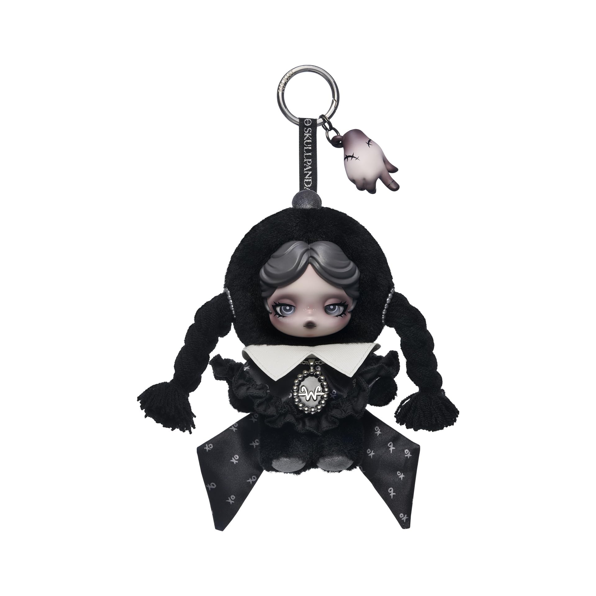 POP MART Skullpanda × Wednesday Plush front view, display-ready and collectible.