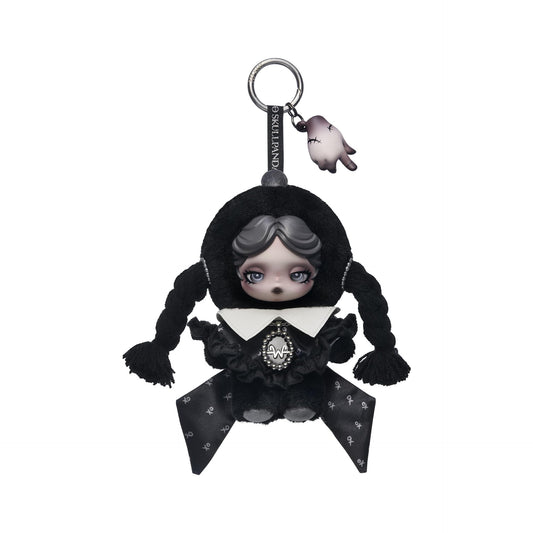 POP MART Skullpanda × Wednesday Plush front view, display-ready and collectible.