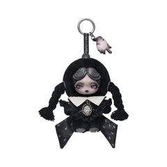POP MART Skullpanda × Wednesday Plush front view, display-ready and collectible.