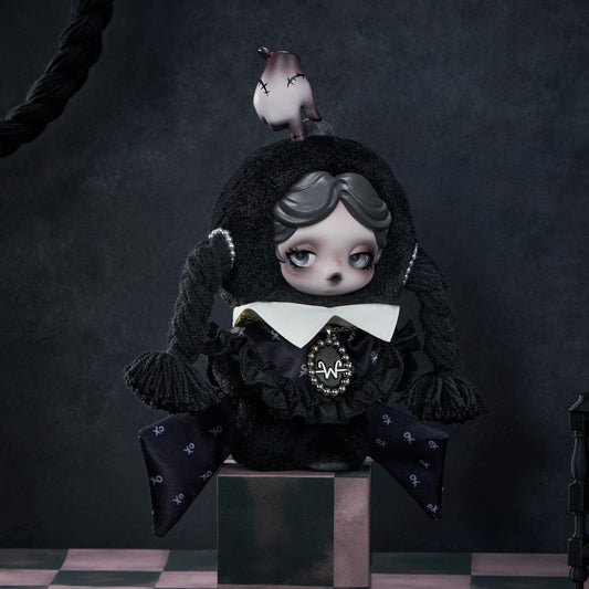 POP MART Skullpanda × Wednesday Plush side view, portable charm for bags and desks.