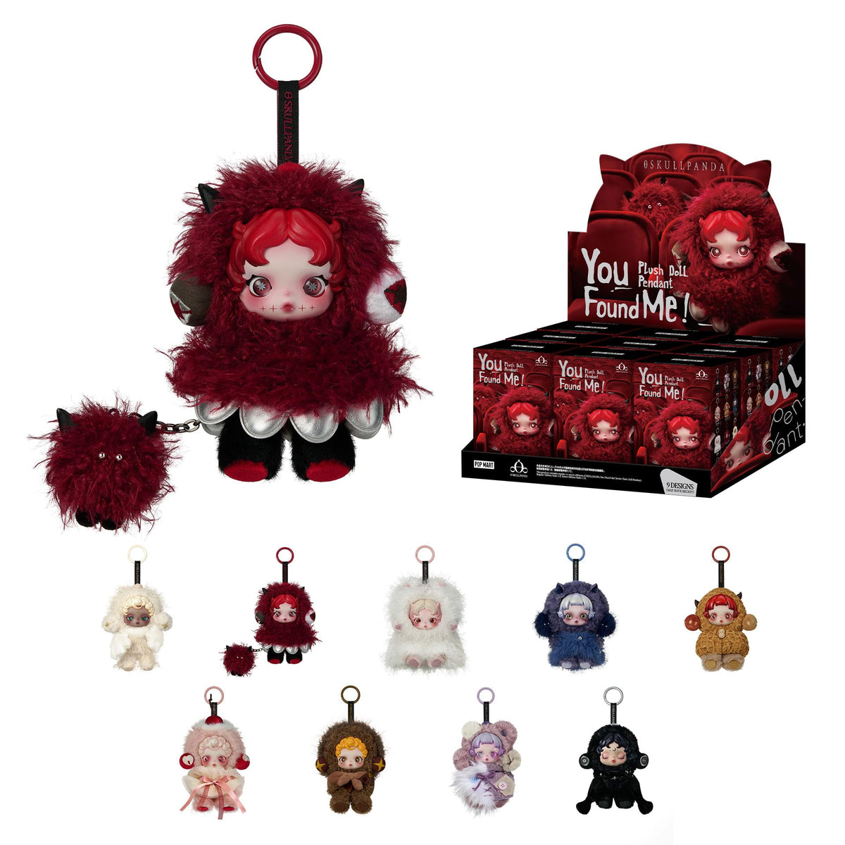 POP MART Skullpanda You Found Me plush doll pendant displayed on shelf, ideal decor and gift.