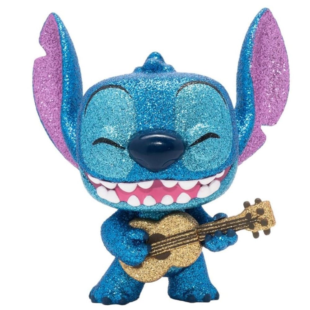 POP Stitch ukulele with diamond glitter figure for Disney fans and display shelf.