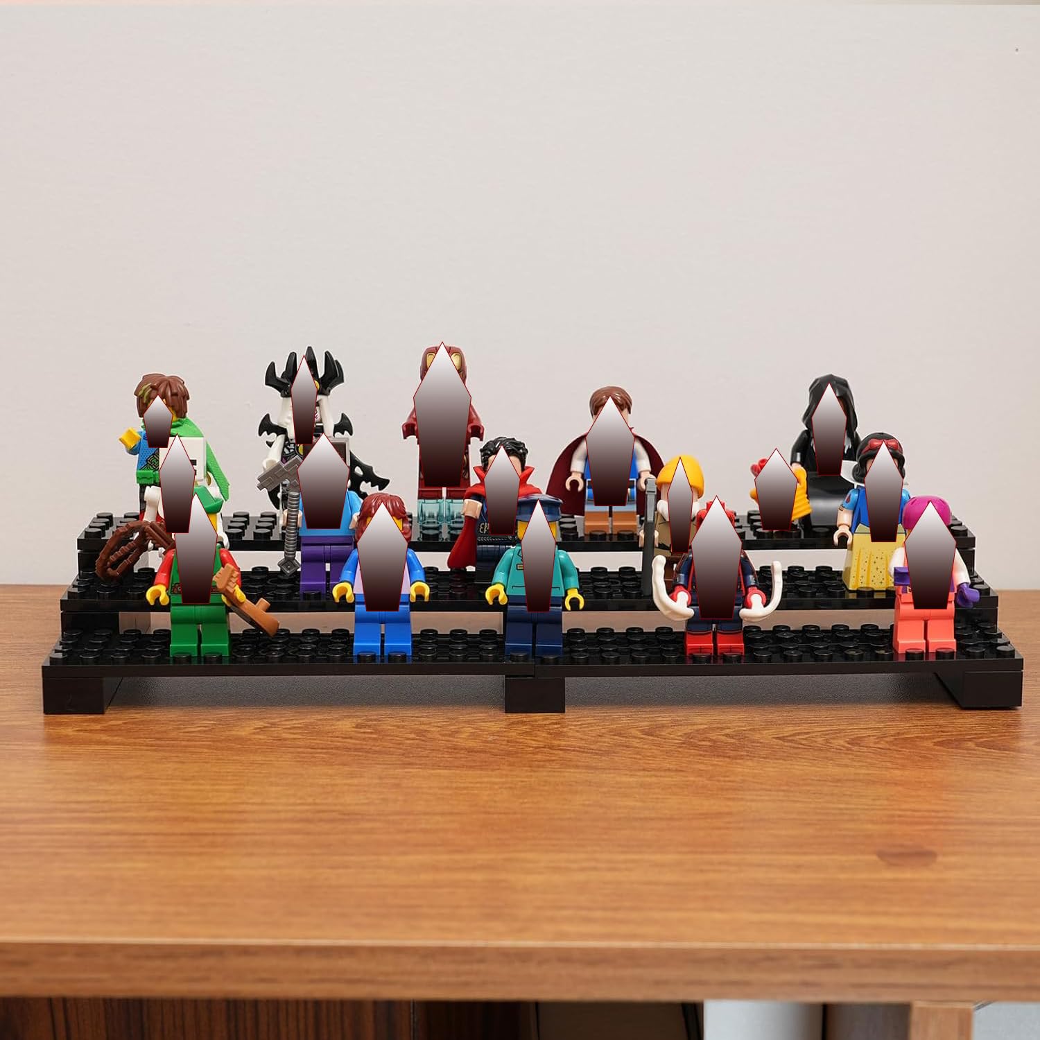 Popbricks black minifigure stand shows easy assembly without tools for quick setup.