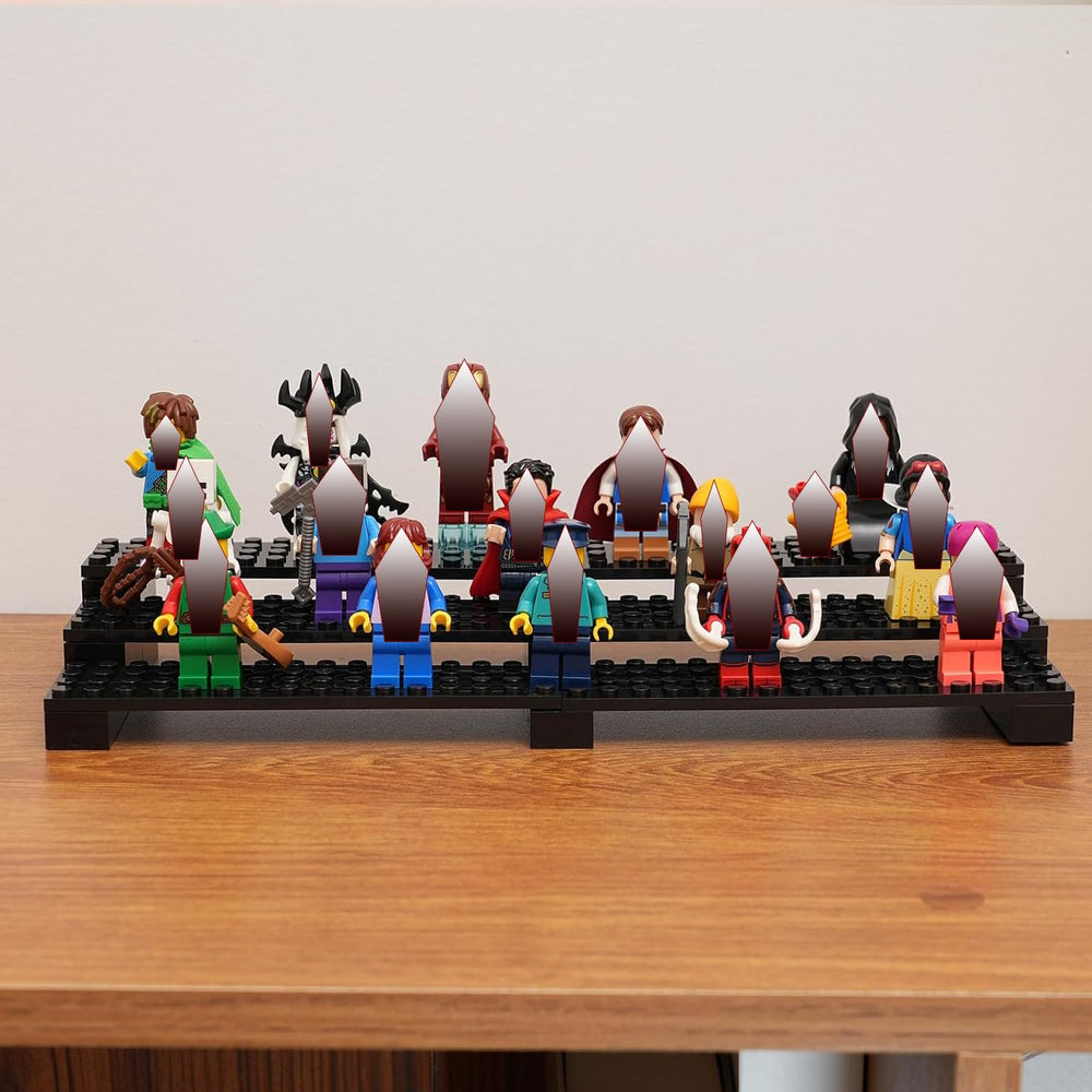 Popbricks black minifigure stand shows easy assembly without tools for quick setup.