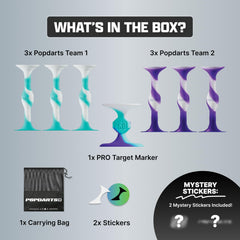 Popdarts PRO Pack white darts with teal accents ready for play on surfaces.