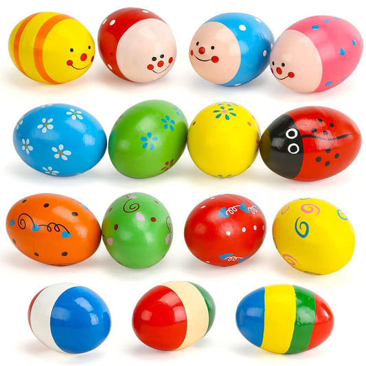 POPLAY 15-piece wooden egg shaker set in bright classroom colors for rhythm practice.