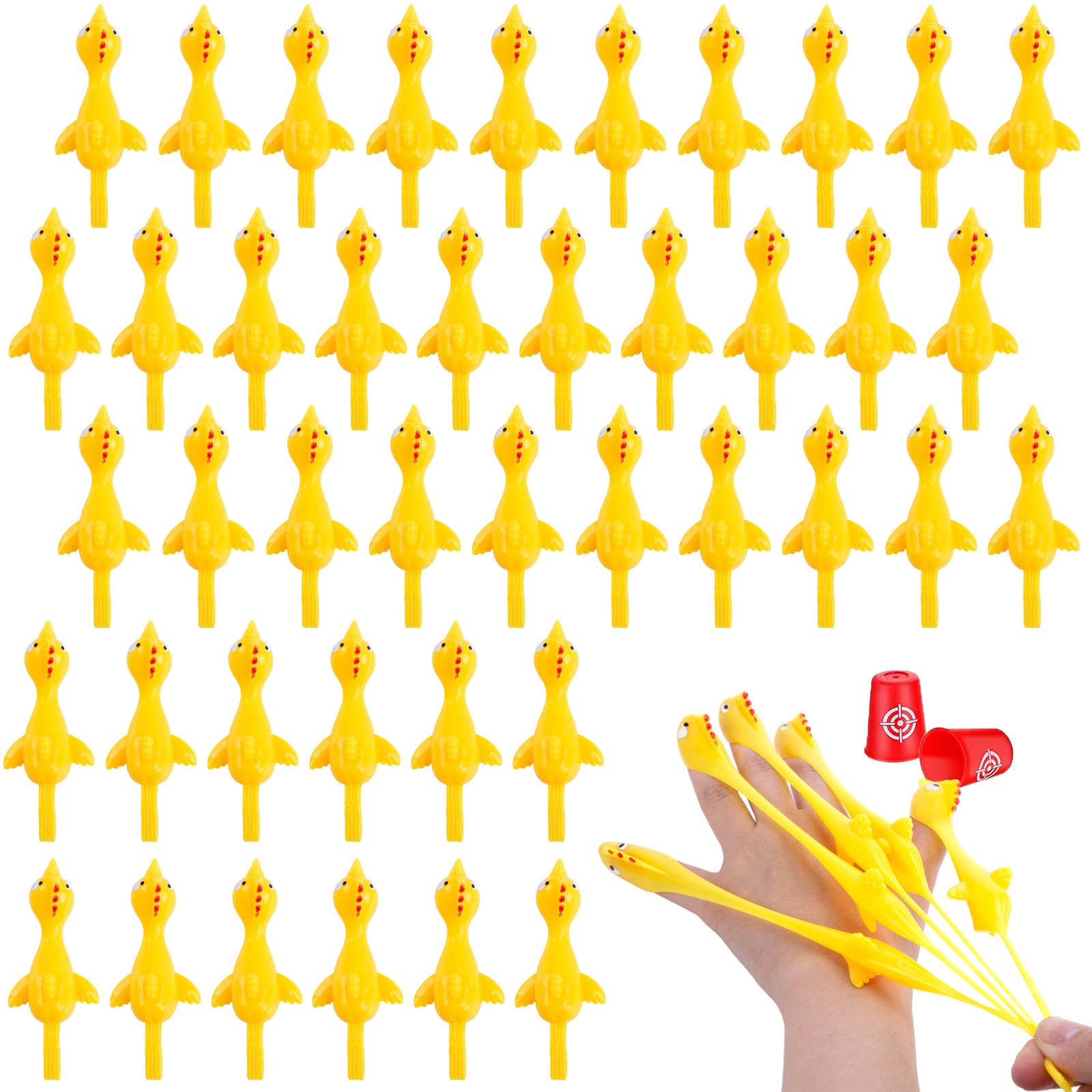 POPLAY 42-piece flying chicken slingshot pack shown at a party for group play