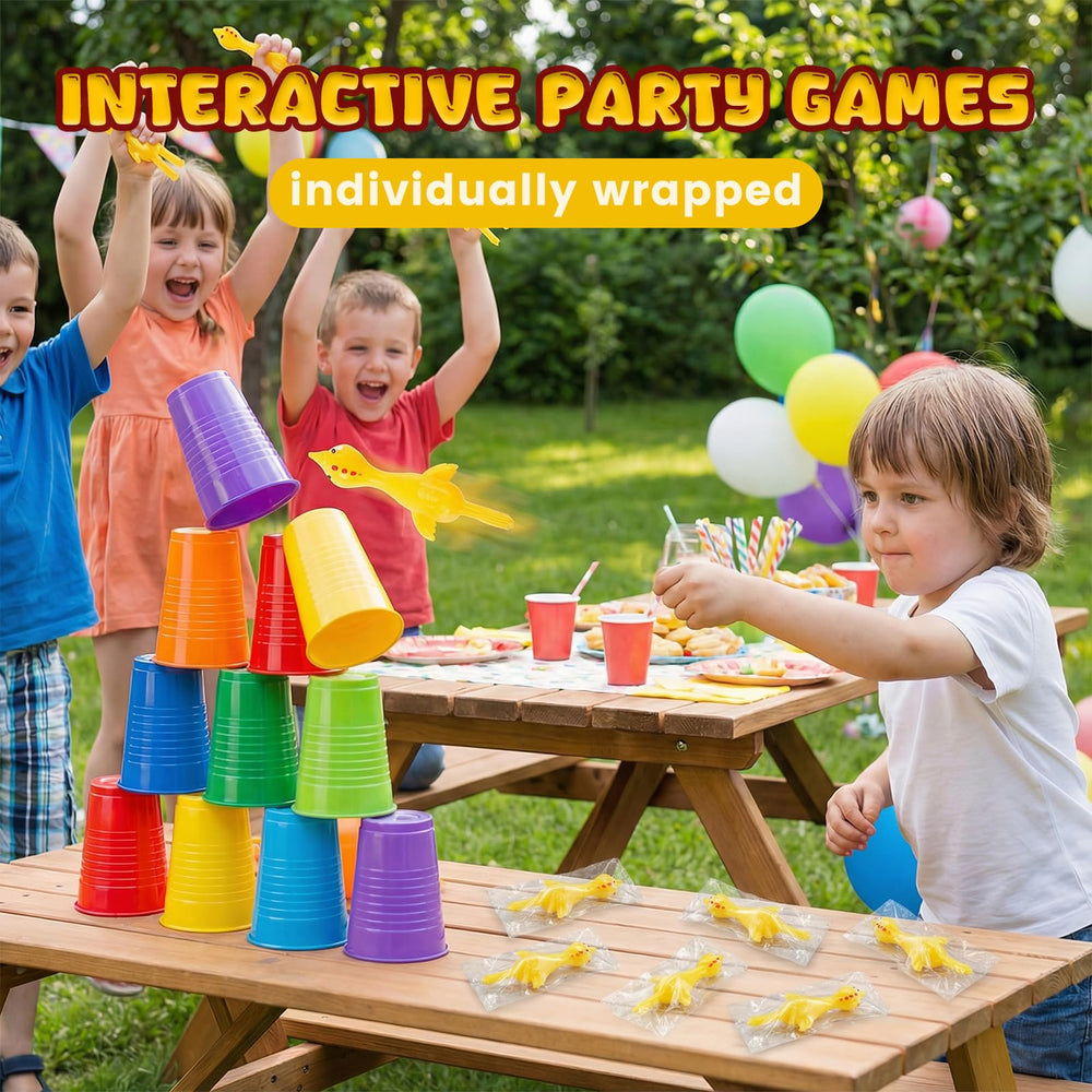 POPLAY indoor-outdoor play scene with kids flicking chickens for a game
