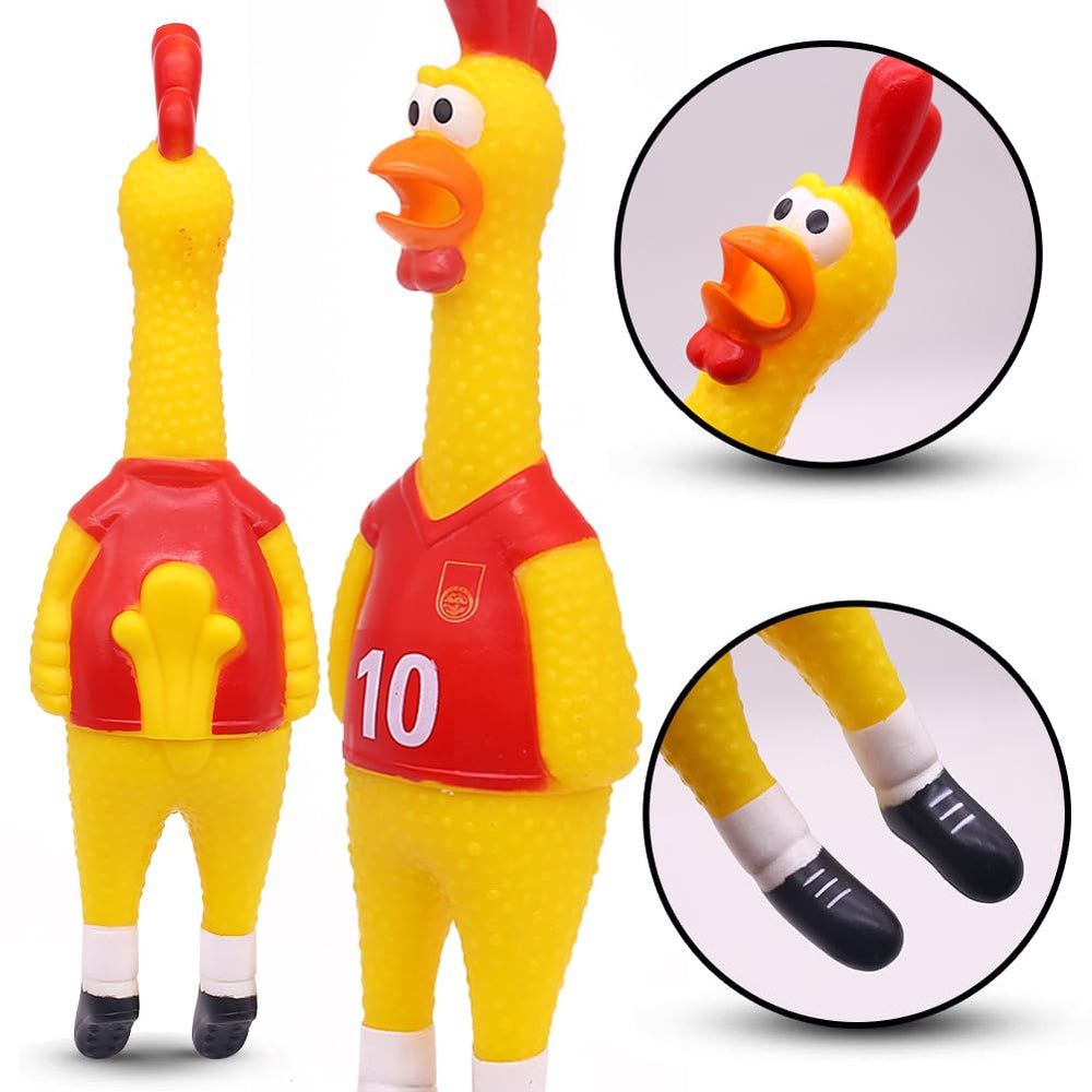 POPLAY durable rubber chicken chew toy with loud squawk.