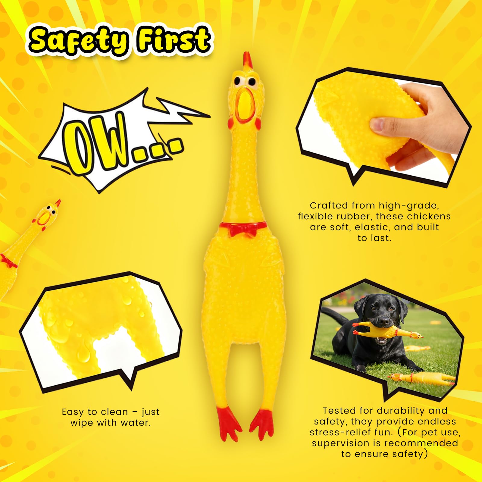 POPLAY squeaky chicken dog toy—soft PVC and easy to clean