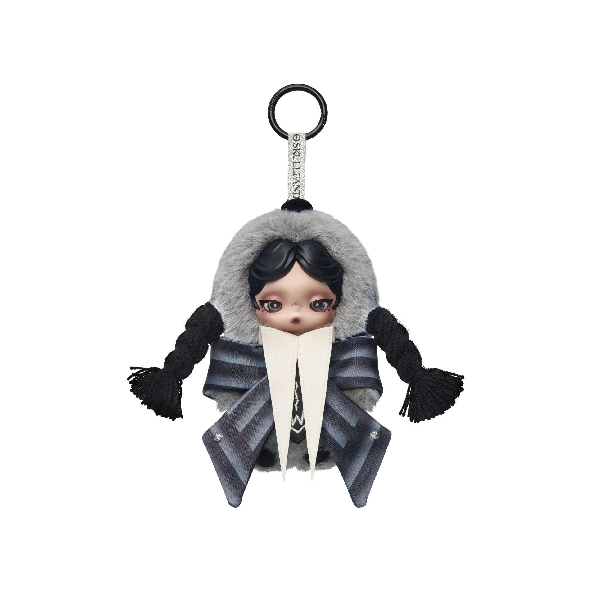 POP MART Skullpanda Wednesday plush figure highlights Nevermore Academy styling, ideal for desk decor and gifting